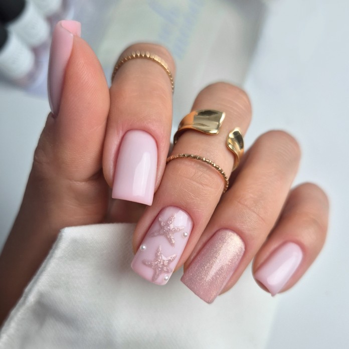 Chwila przed wschodem – manicure z efektem cat eye i rozgwiazdami 3D